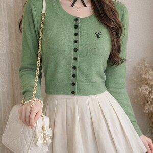 Le Pitta Green Cropped Button Cardigan Bow Detail Knit Sweater